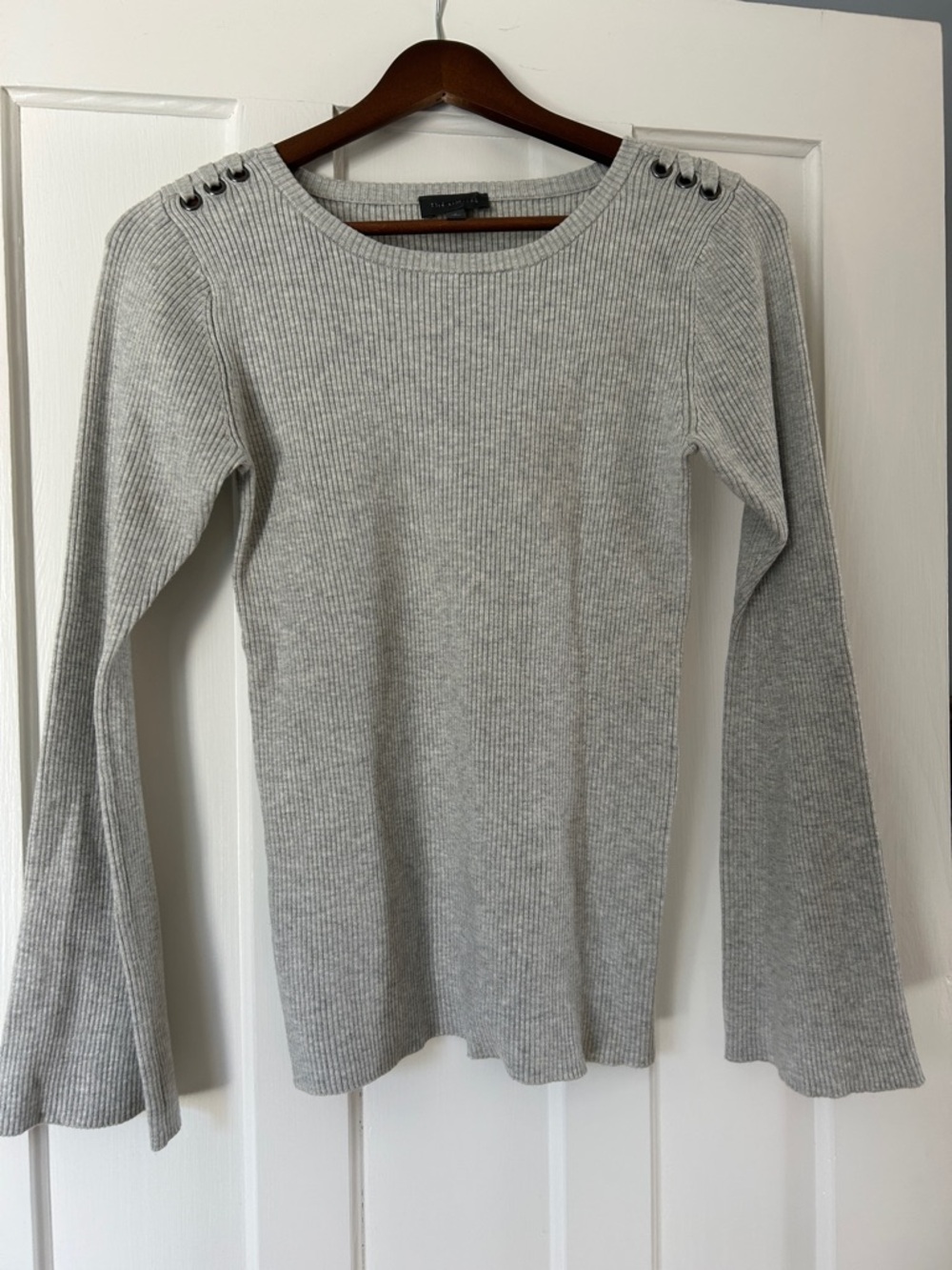 The Limited Light Gray Ribbed Knit Top with Shoulder Button Details